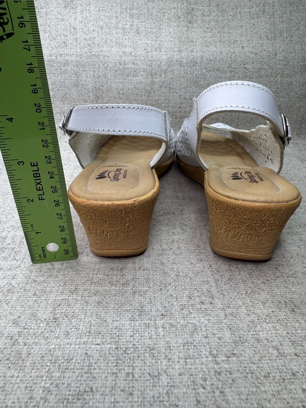 Spring Step Wedge Slingback Sandals white leather sz 9 peep toe design laser cut